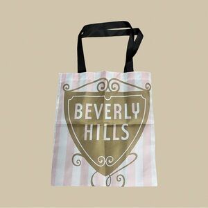 Beverly Hills Striped Tote Bag NIP, Nylon pink, white, & tan, 10.5” strap drop